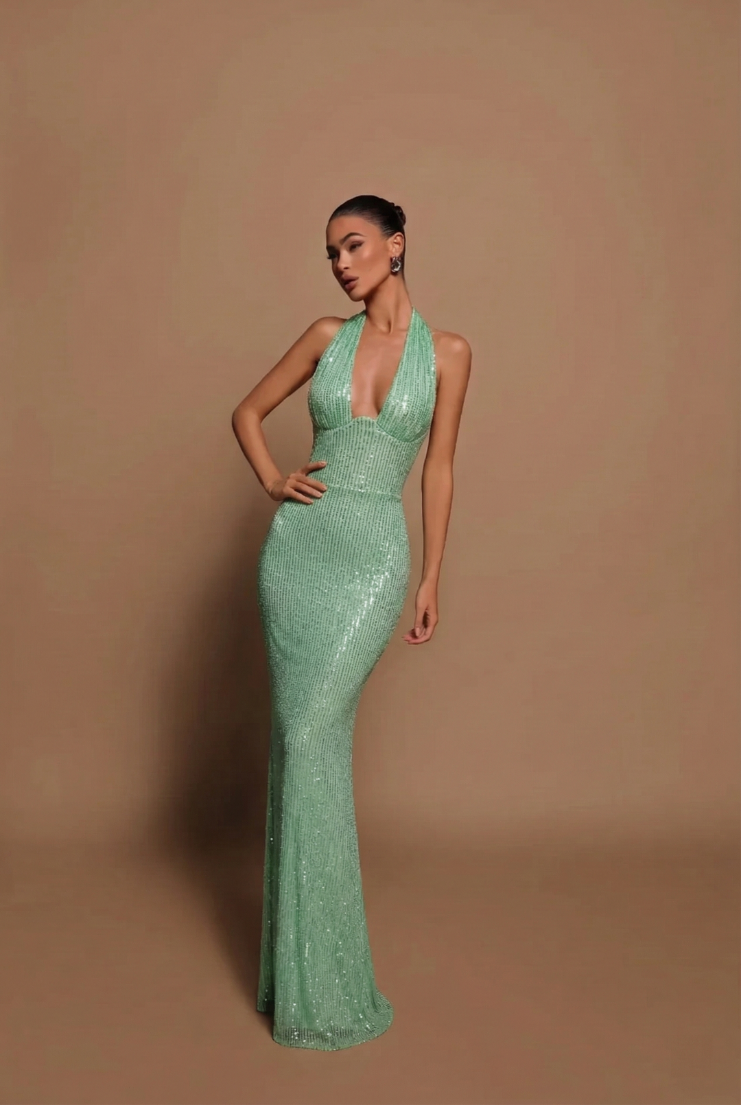 Women's Maxi Sequin Dress with Halter Neck – Fitted Cut with V-Neck