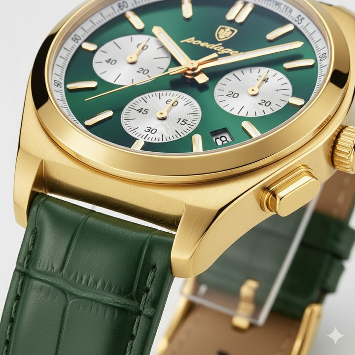 Herrenuhr mit Lederarmband, Quarzwerk – Multifunktions-Chronograph