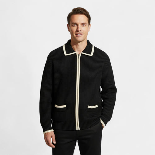 Riche | Cardigan Contrasté Homme en Maille – Col Montant Coupe Moderne