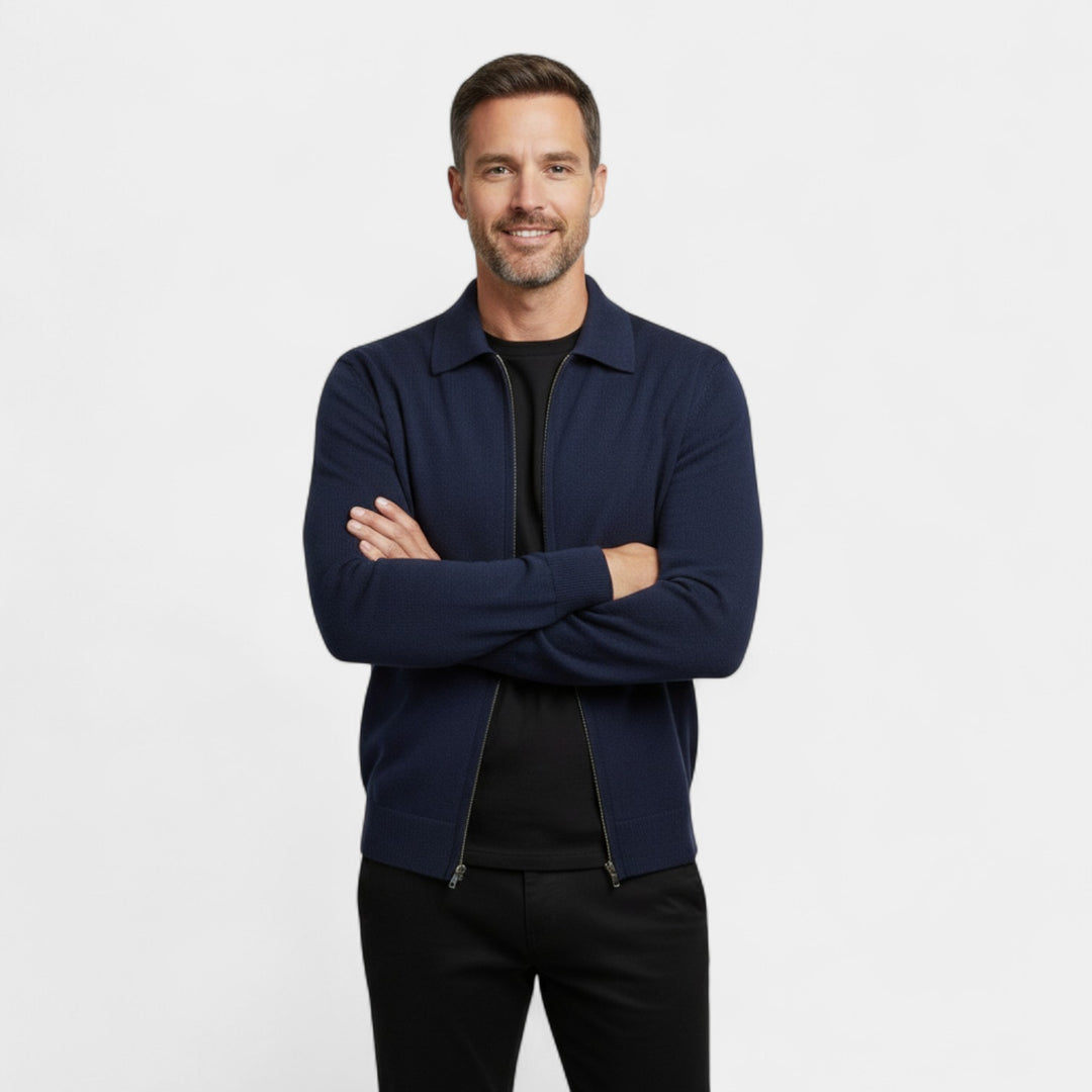 Riche | Cardigan homme laine mérinos – Tricot col revers zippé coupe raffinée