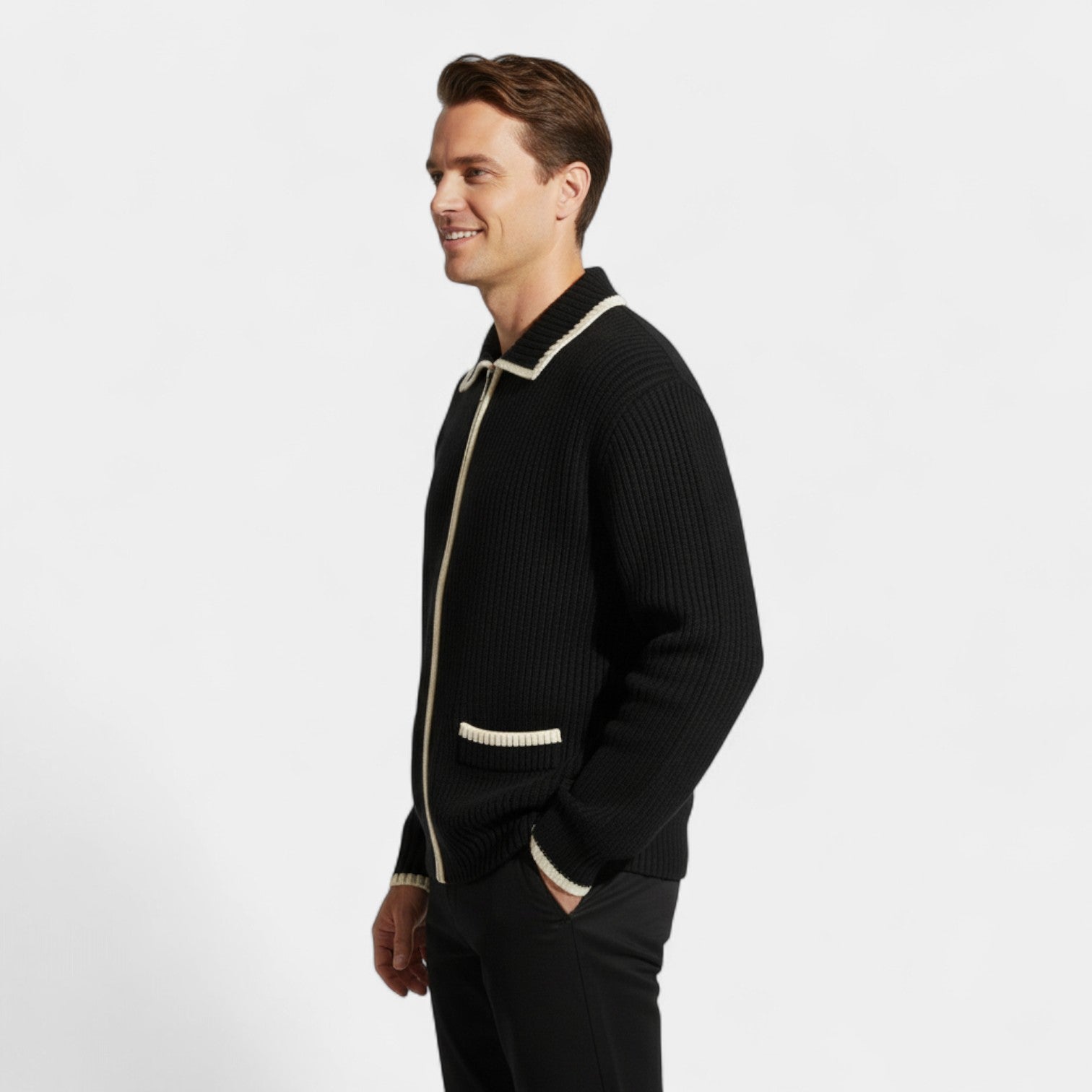 Riche | Cardigan Contrasté Homme en Maille – Col Montant Coupe Moderne