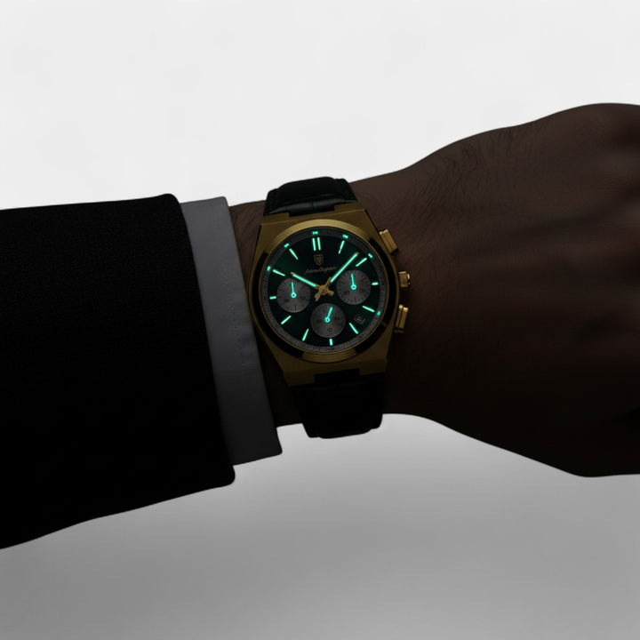 Herrenuhr mit Lederarmband, Quarzwerk – Multifunktions-Chronograph