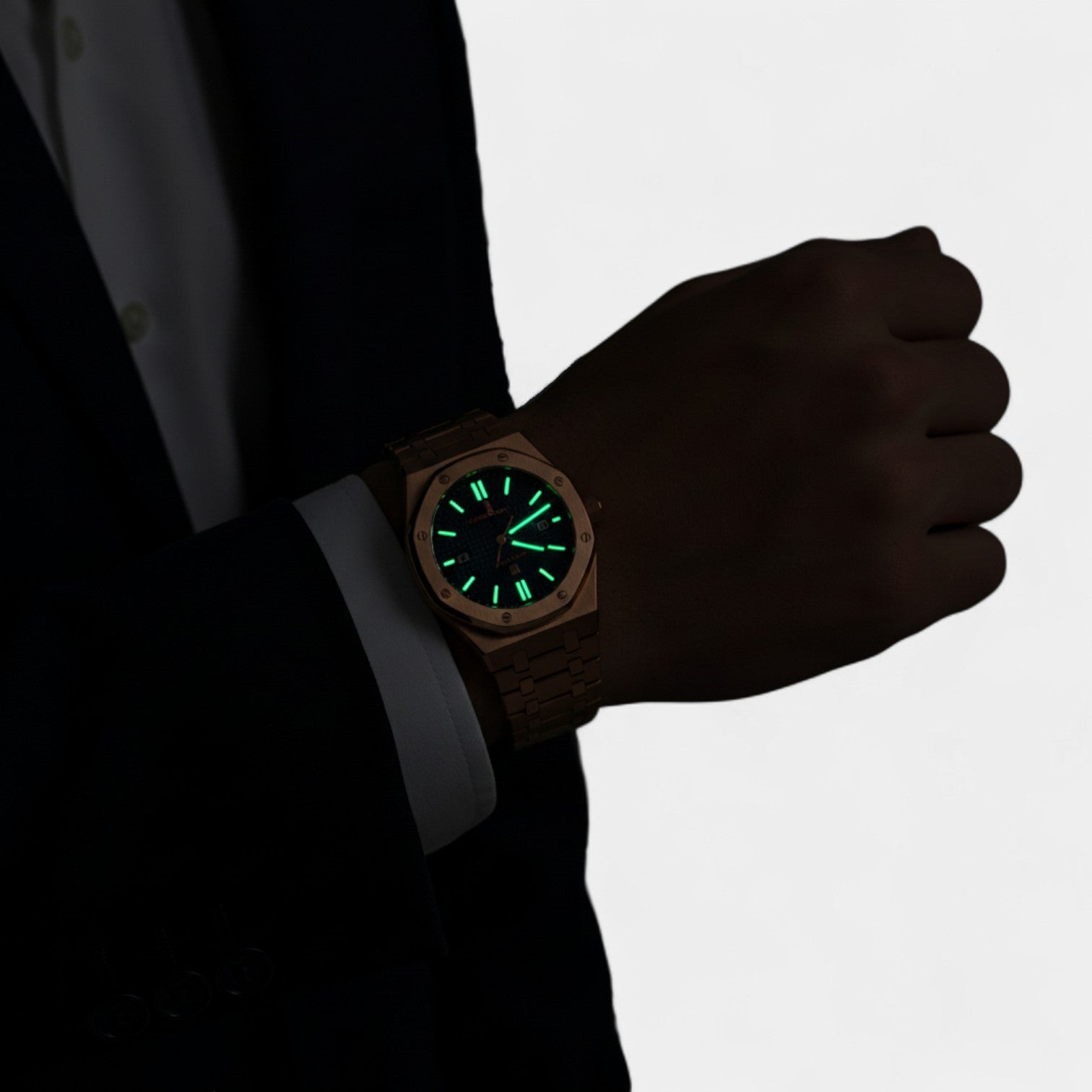 Riche | Montre pour Homme Acier Inoxydable Or Rose – Quartz Lumineuse et Étanche 42 mm