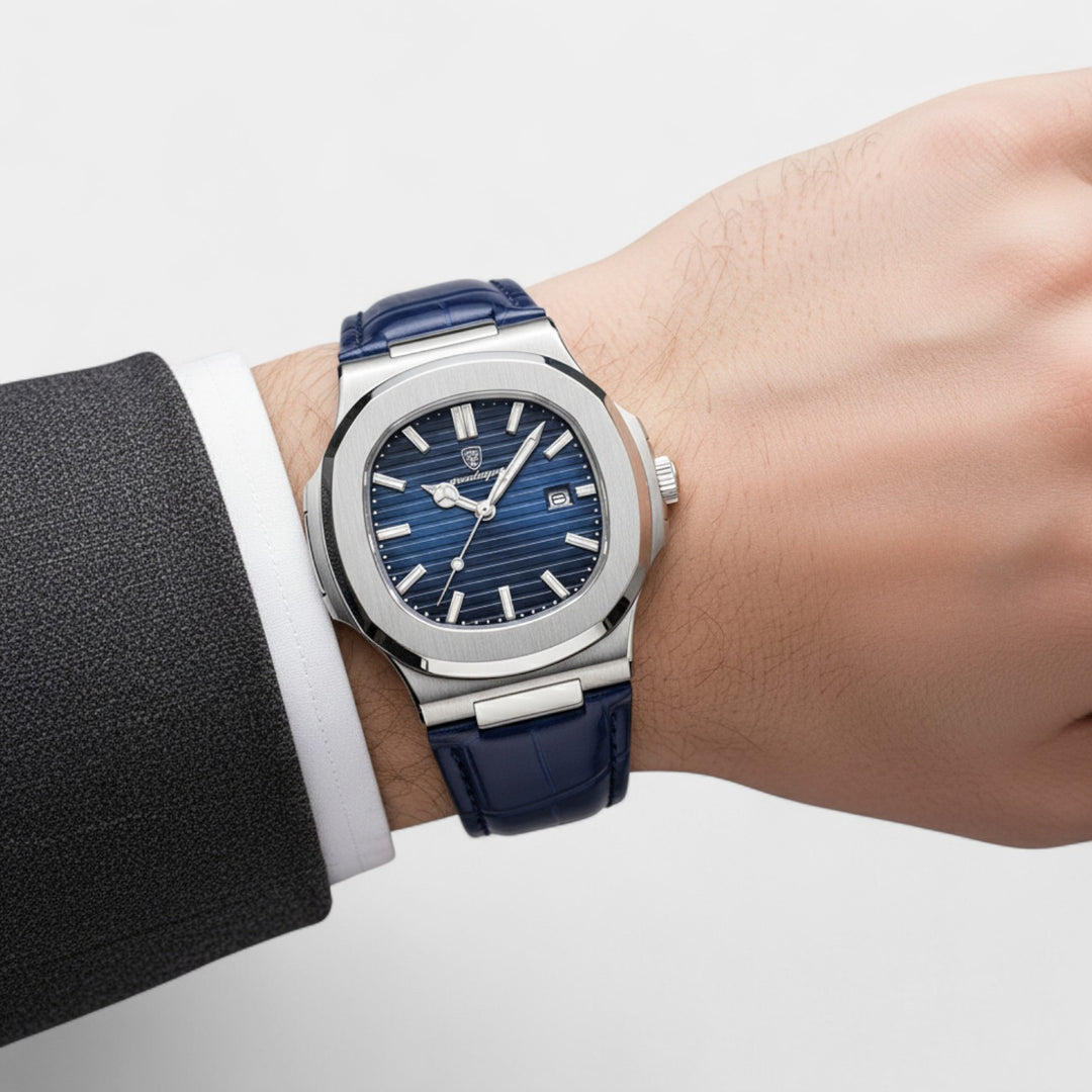 Riche | Herrenuhr mit blauem Lederarmband – Quarz, leuchtend und wasserdicht, 40 mm