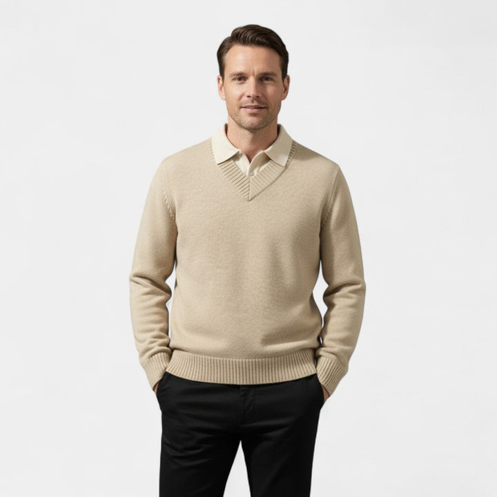 Riche | Herren-Strickpullover im Polo-Stil – V-Ausschnitt im Zweiteiler-Look
