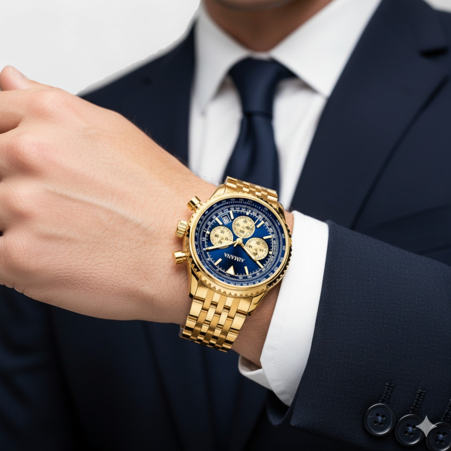 Riche | Montre pour Homme Dorée en Acier Inoxydable – Quartz Lumineuse et Étanche 43 mm