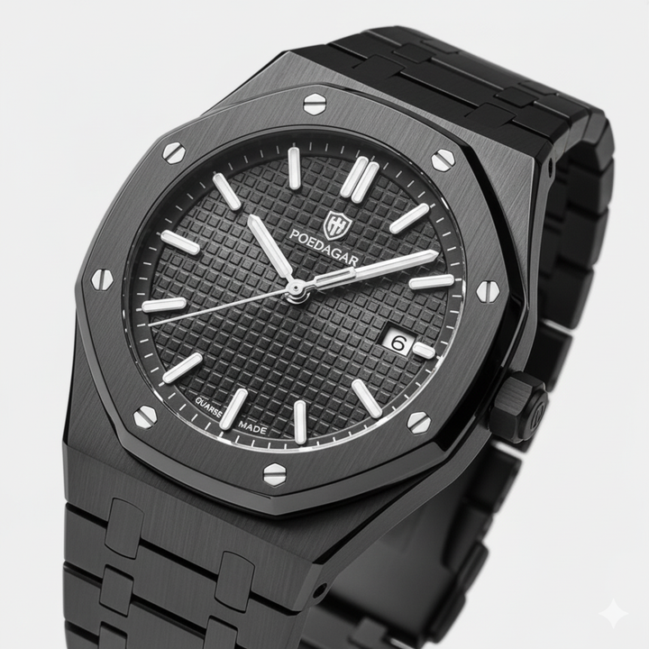 Riche | Montre pour Homme Acier Inoxydable Noire – Quartz Lumineuse et Étanche 42 mm