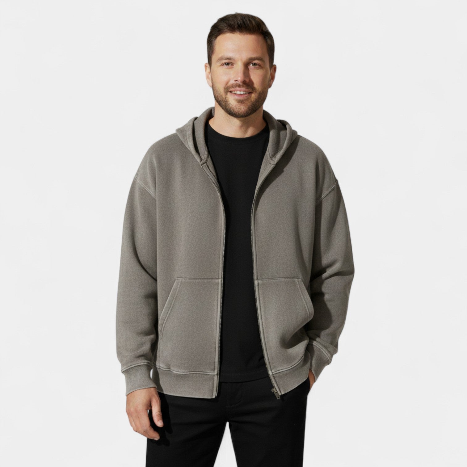 Riche | Cardigan Homme en Coton Effet Daim Lavé – Capuche et Zip