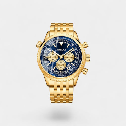 Riche | Montre pour Homme Dorée en Acier Inoxydable – Quartz Lumineuse et Étanche 43 mm