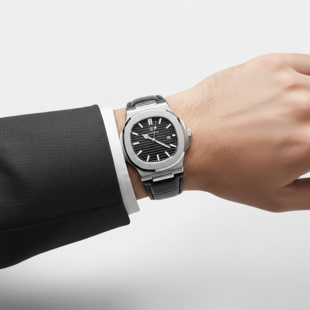 Riche | Herrenuhr mit schwarzem Lederarmband – Quarz, leuchtend und wasserdicht, 40 mm
