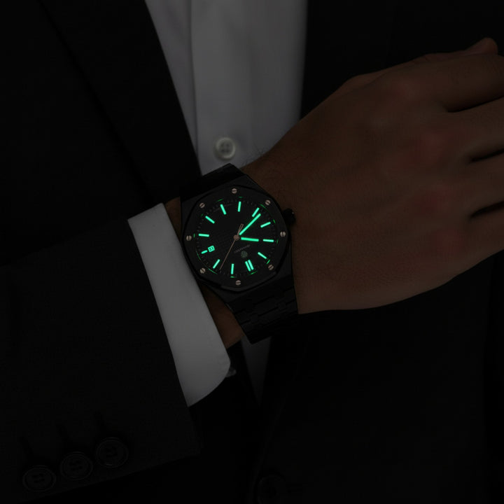 Riche | Montre pour Homme Acier Inoxydable Noire – Quartz Lumineuse et Étanche 42 mm