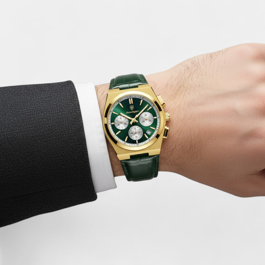 Herrenuhr mit Lederarmband, Quarzwerk – Multifunktions-Chronograph