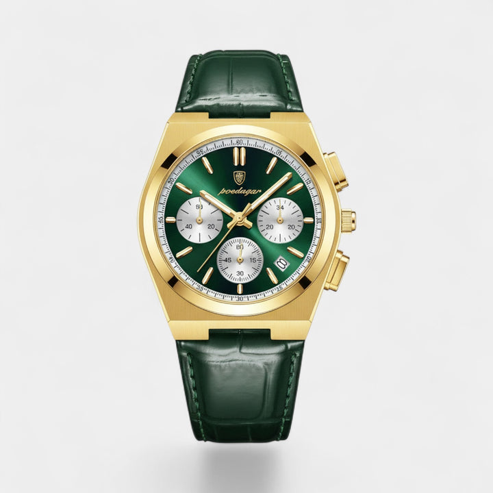 Herrenuhr mit Lederarmband, Quarzwerk – Multifunktions-Chronograph