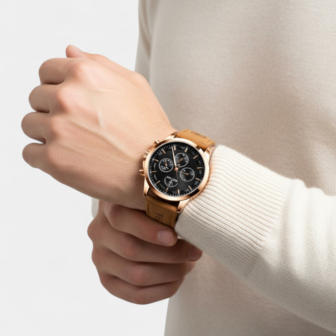 Riche | Men's Watch with Leather Strap – 41 mm Multi-Function Quartz