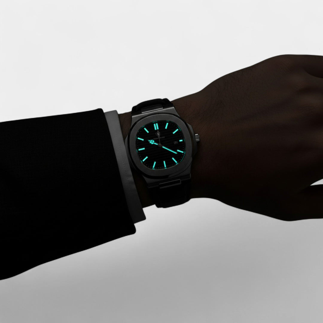 Riche | Herrenuhr mit schwarzem Lederarmband – Quarz, leuchtend und wasserdicht, 40 mm
