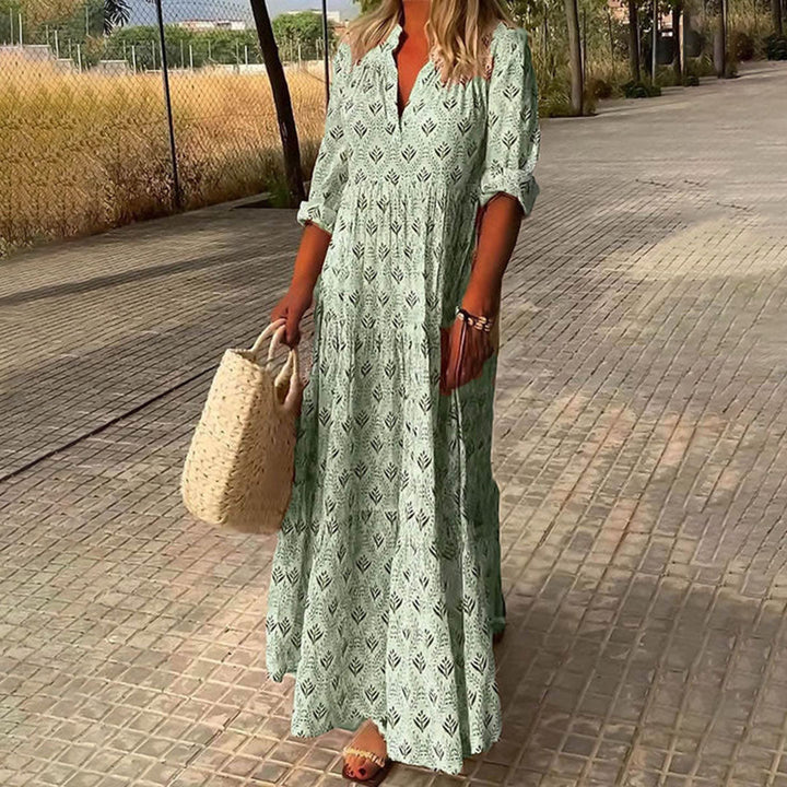 Langes Boho-Kleid für Damen mit V-Ausschnitt – lockerer Schnitt, halblange Ärmel, leicht