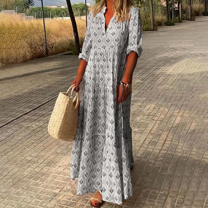 Langes Boho-Kleid für Damen mit V-Ausschnitt – lockerer Schnitt, halblange Ärmel, leicht