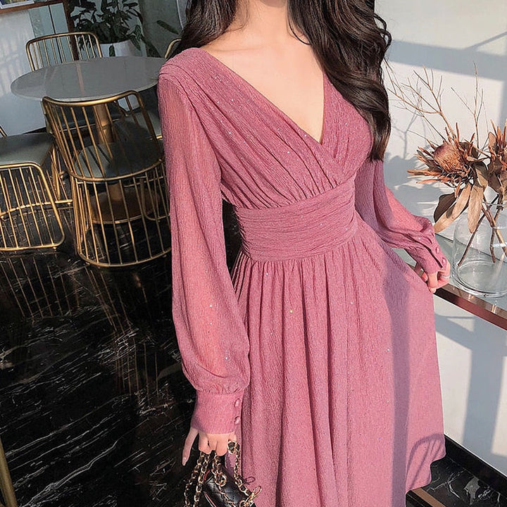 Robe Maxi Femme Coton Pailleté – Décolleté Profond Manches Longues Coupe Fluide