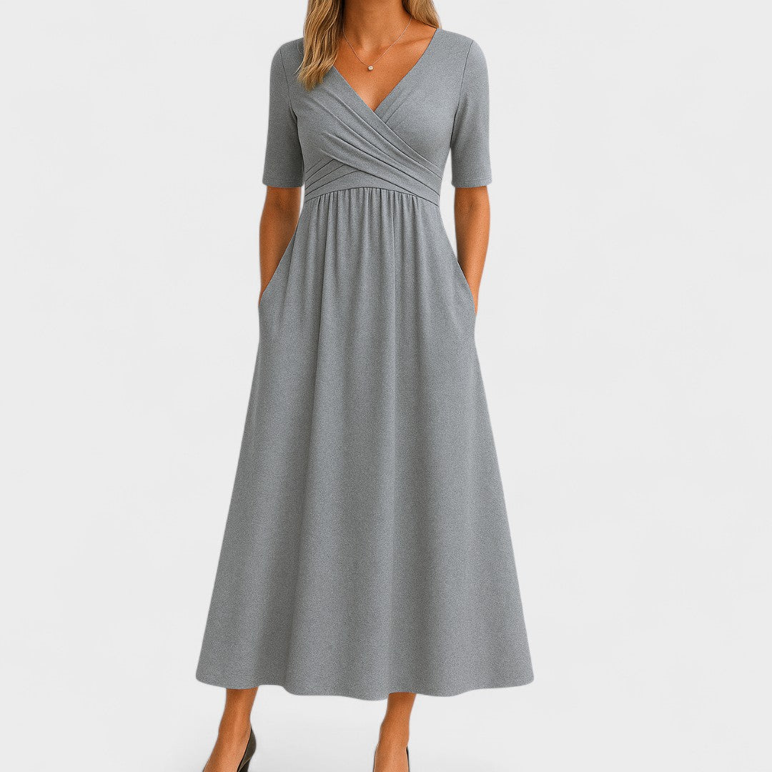 Robe Midi Élégante Femme à Col V – Manches Courtes Taille Définie