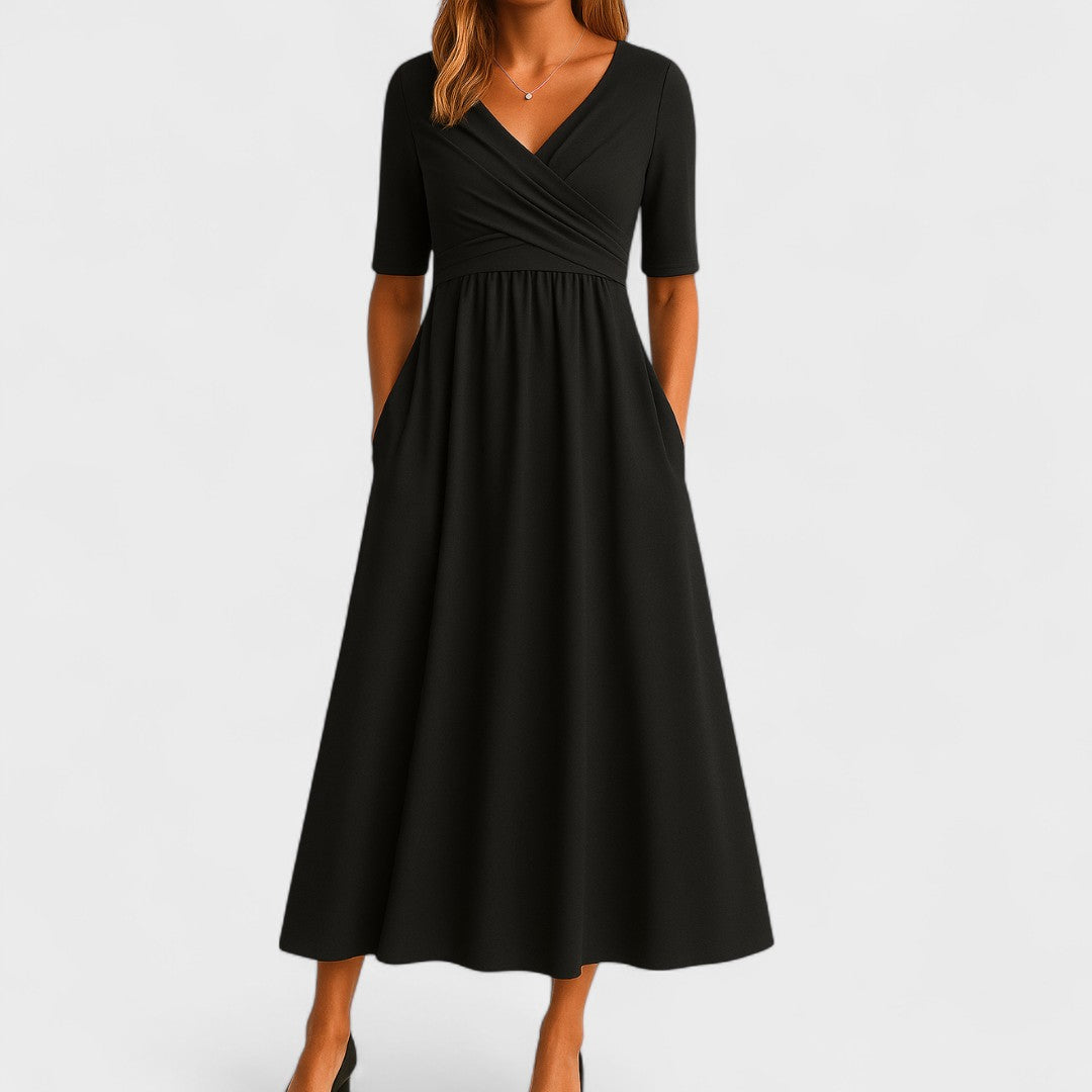 Robe Midi Élégante Femme à Col V – Manches Courtes Taille Définie