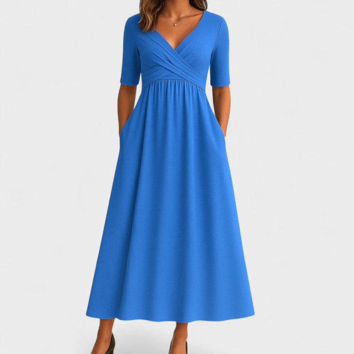 Robe Midi Élégante Femme à Col V – Manches Courtes Taille Définie