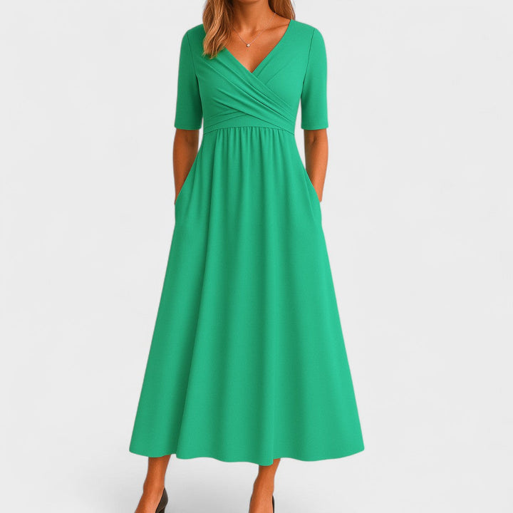 Robe Midi Élégante Femme à Col V – Manches Courtes Taille Définie