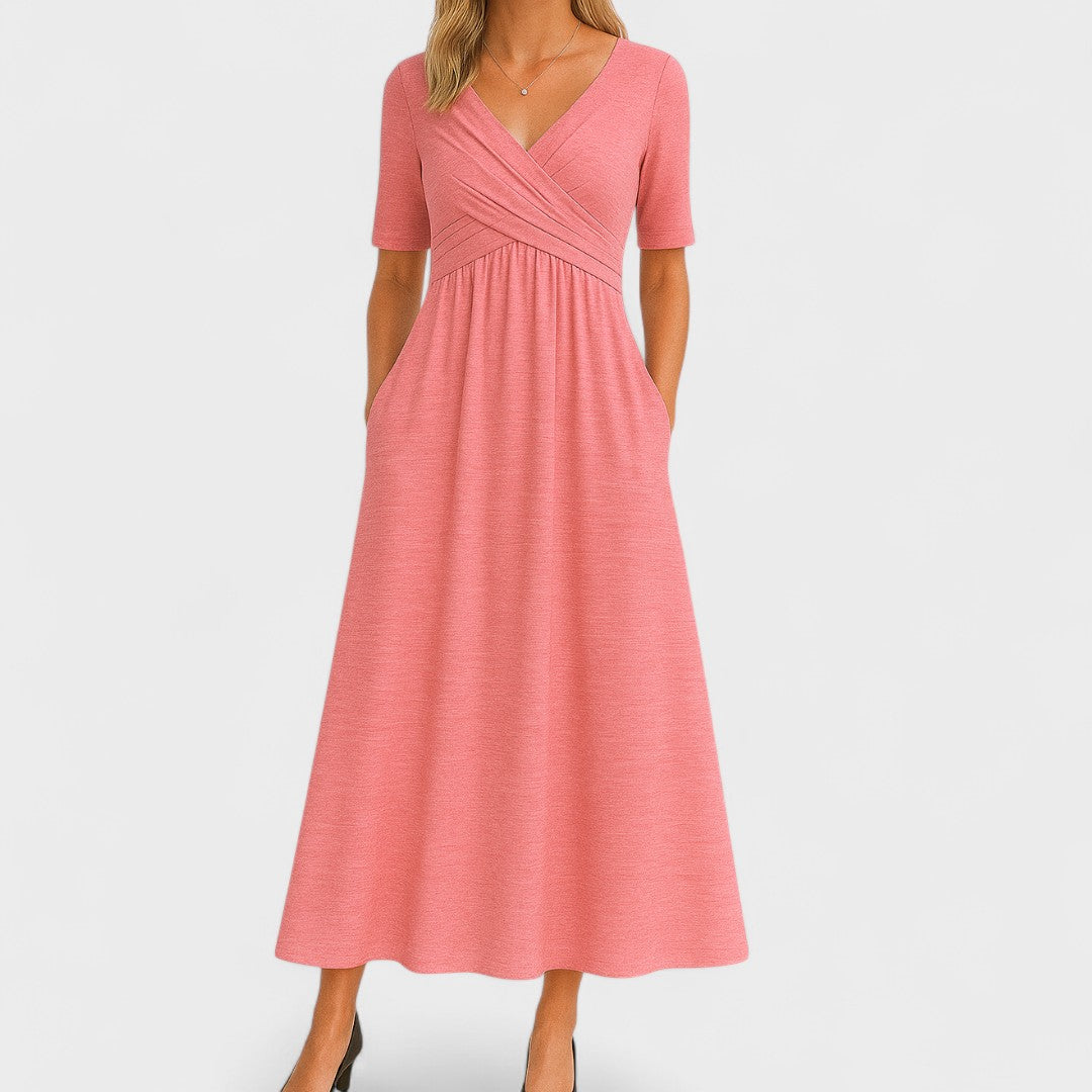 Robe Midi Élégante Femme à Col V – Manches Courtes Taille Définie