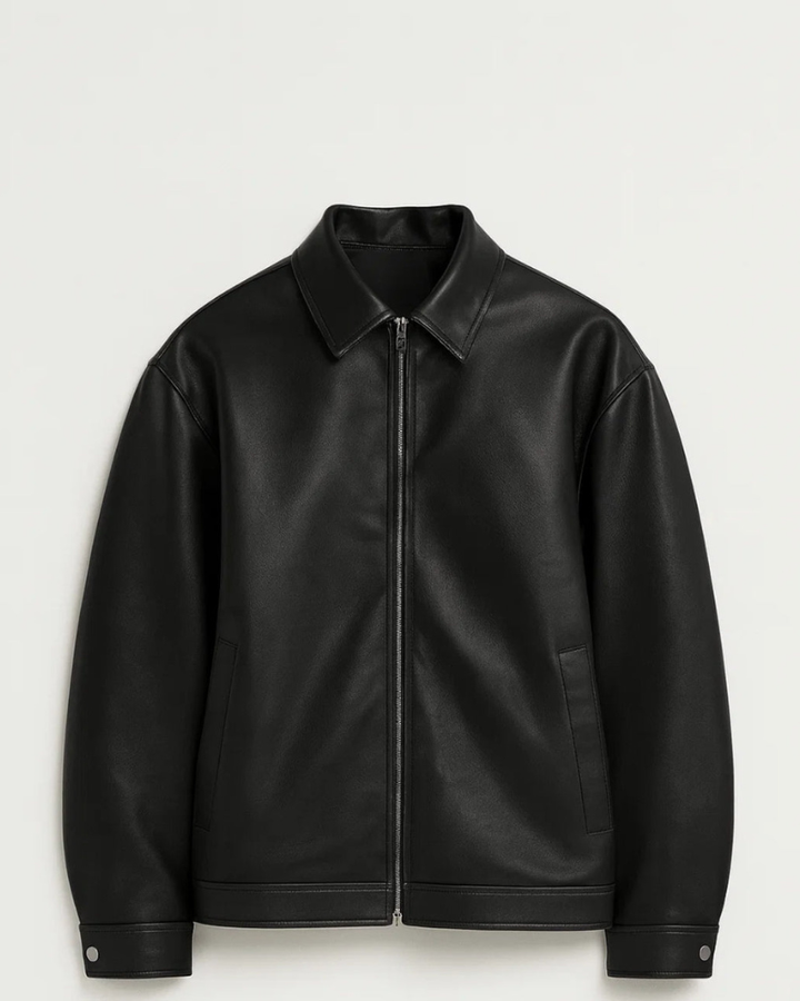 Veste Homme Cuir Noir – Fermeture Zippée Coupe Ample