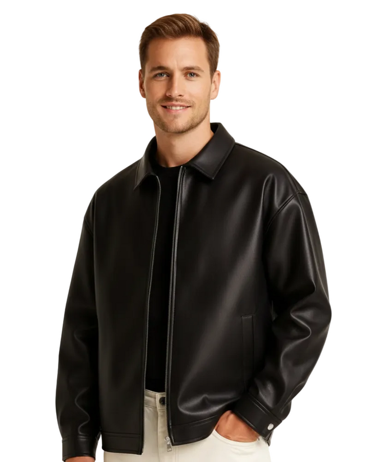 Veste Homme Cuir Noir – Fermeture Zippée Coupe Ample