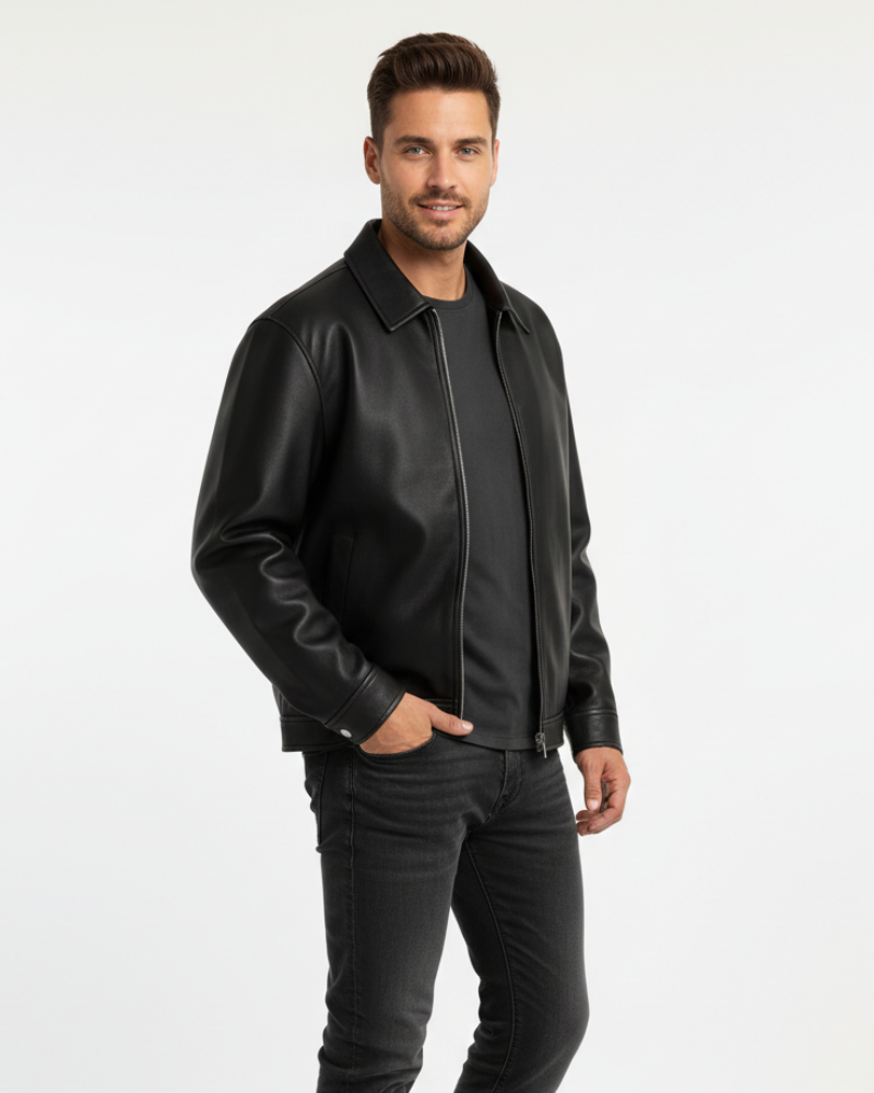 Veste Homme Cuir Noir – Fermeture Zippée Coupe Ample