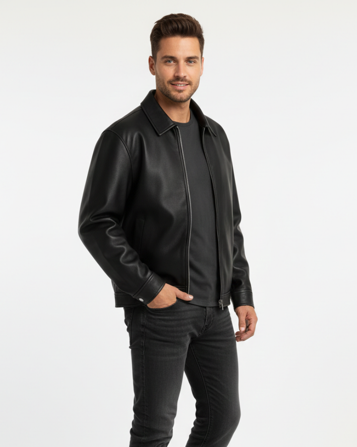 Veste Homme Cuir Noir – Fermeture Zippée Coupe Ample