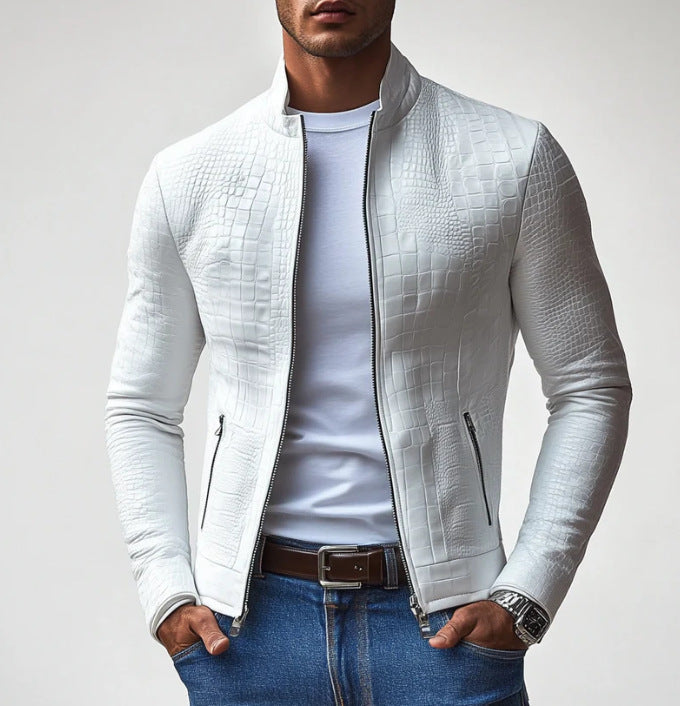 Herrenjacke mit Stehkragen in Lederoptik – Reißverschluss, taillierte Passform