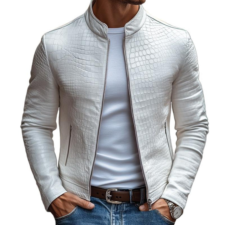 Herrenjacke mit Stehkragen in Lederoptik – Reißverschluss, taillierte Passform