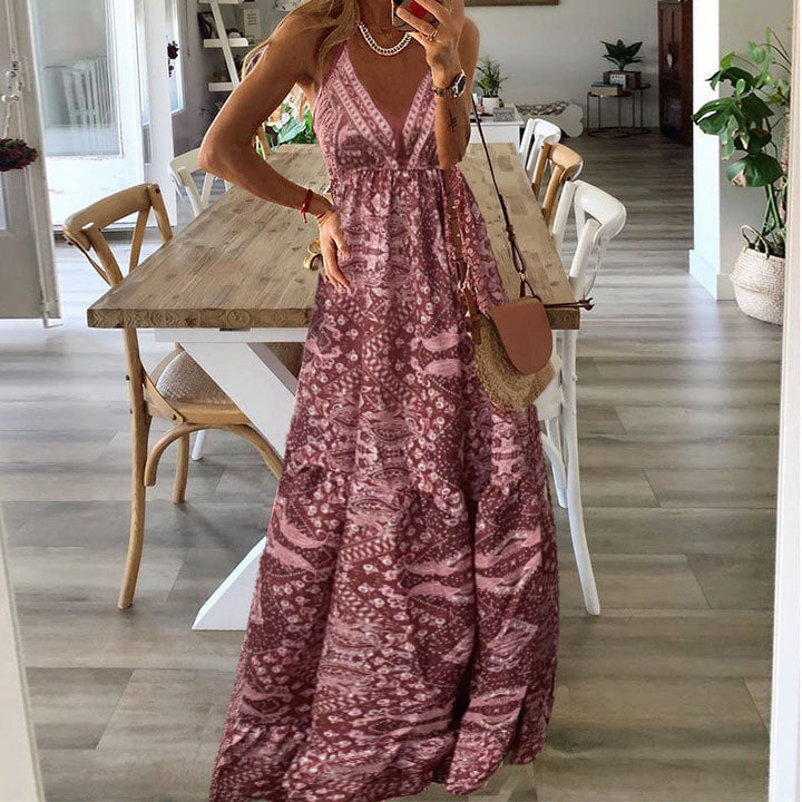 Robe Maxi Bohème Femme en Tissu Léger – Silhouette Fluide Taille Haute à Col V