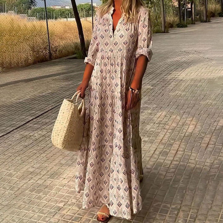 Langes Boho-Kleid für Damen mit V-Ausschnitt – lockerer Schnitt, halblange Ärmel, leicht