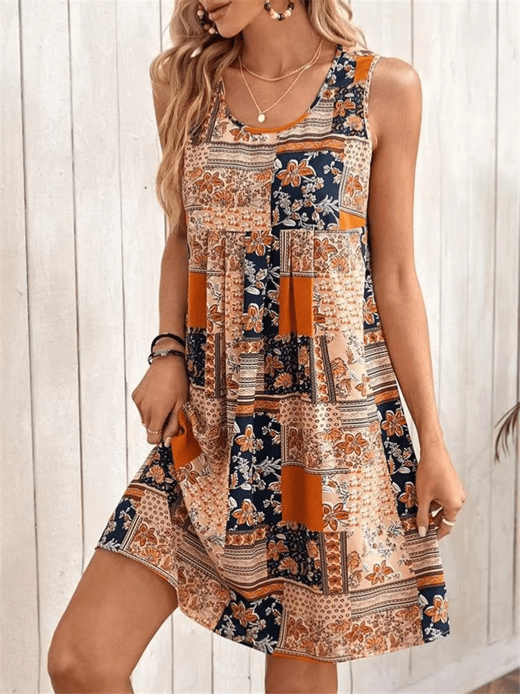 Mini-Robe Bohème Femme en Tissu Léger – Design Patchwork Sans Manches