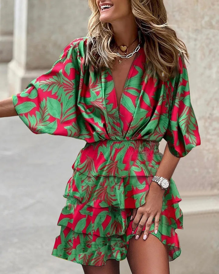 Mini-Robe Bohème Femme en Tissu Léger – Col V Manches Chauve-Souris