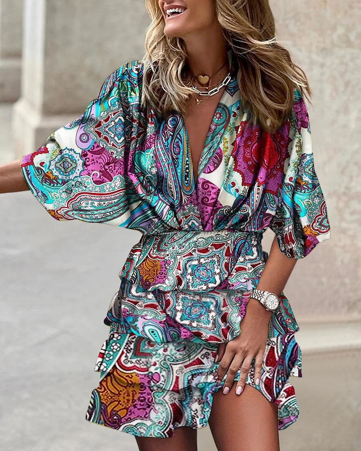 Mini-Robe Bohème Femme en Tissu Léger – Col V Manches Chauve-Souris