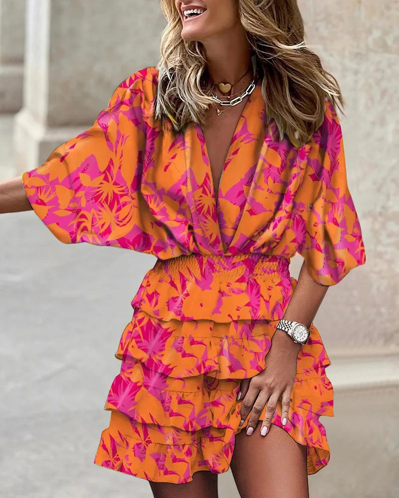 Mini-Robe Bohème Femme en Tissu Léger – Col V Manches Chauve-Souris
