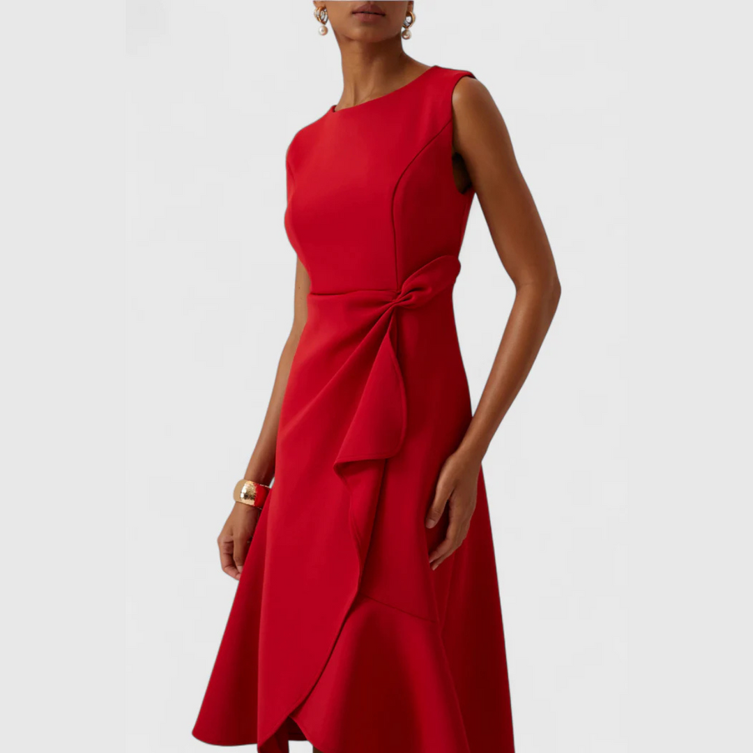 Women's Structured Sleeveless Midi Dress – Round Neck, Flared Hem, Fitted