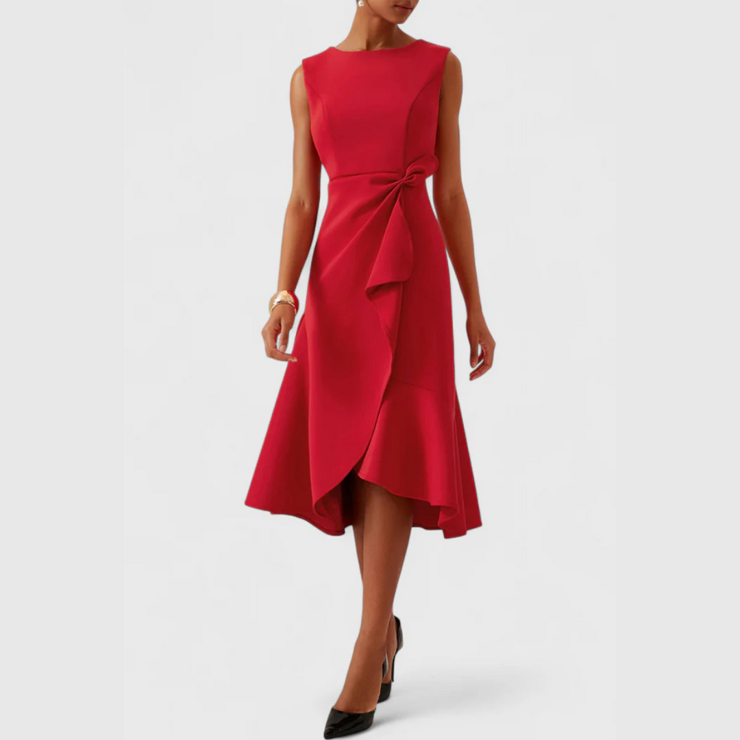 Women's Structured Sleeveless Midi Dress – Round Neck, Flared Hem, Fitted