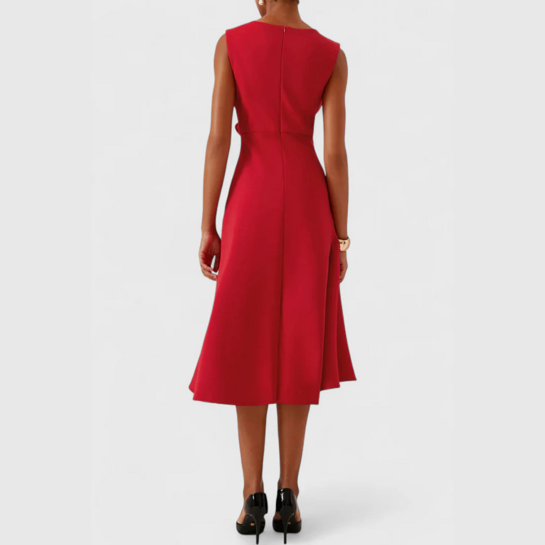 Women's Structured Sleeveless Midi Dress – Round Neck, Flared Hem, Fitted