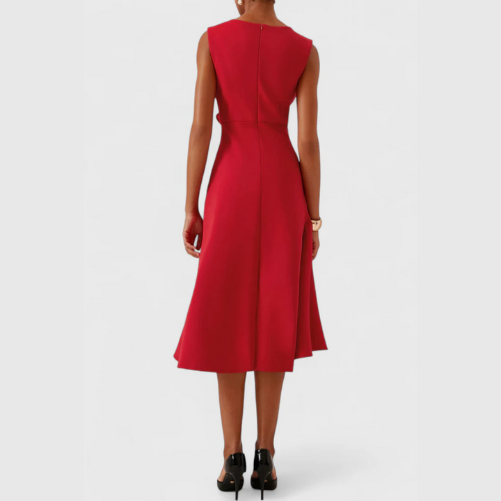 Women's Structured Sleeveless Midi Dress – Round Neck, Flared Hem, Fitted
