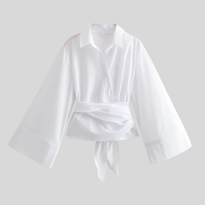 Top Femme Popeline à Taille Croisée – Style Ajusté à Manches Longues