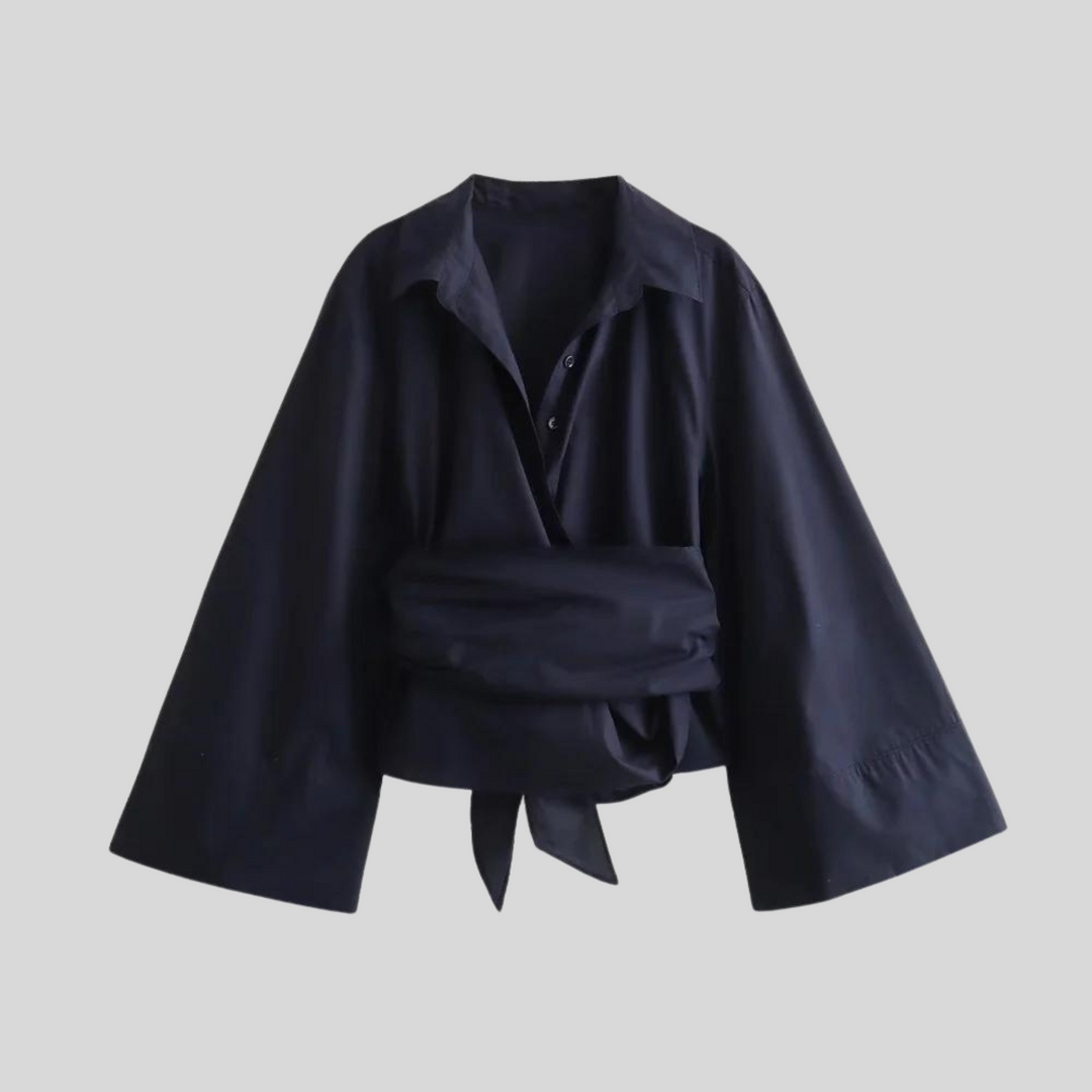 Top Femme Popeline à Taille Croisée – Style Ajusté à Manches Longues