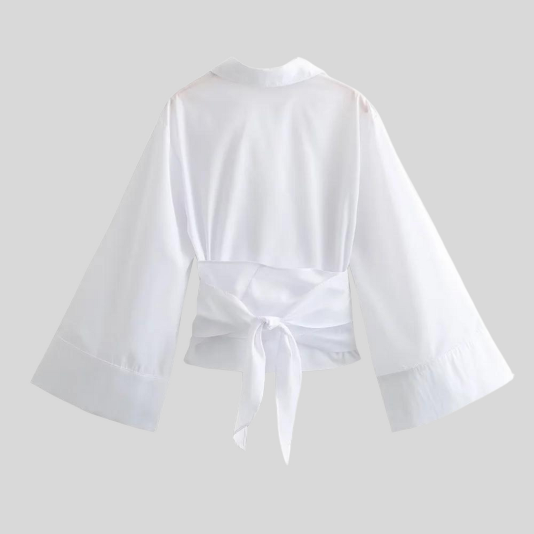 Top Femme Popeline à Taille Croisée – Style Ajusté à Manches Longues