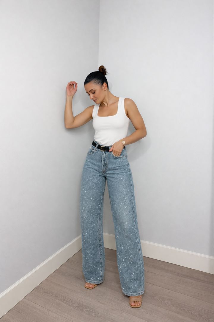 Jean Femme Taille Haute Coupe Droite – Extensible Détail Pailleté Structure