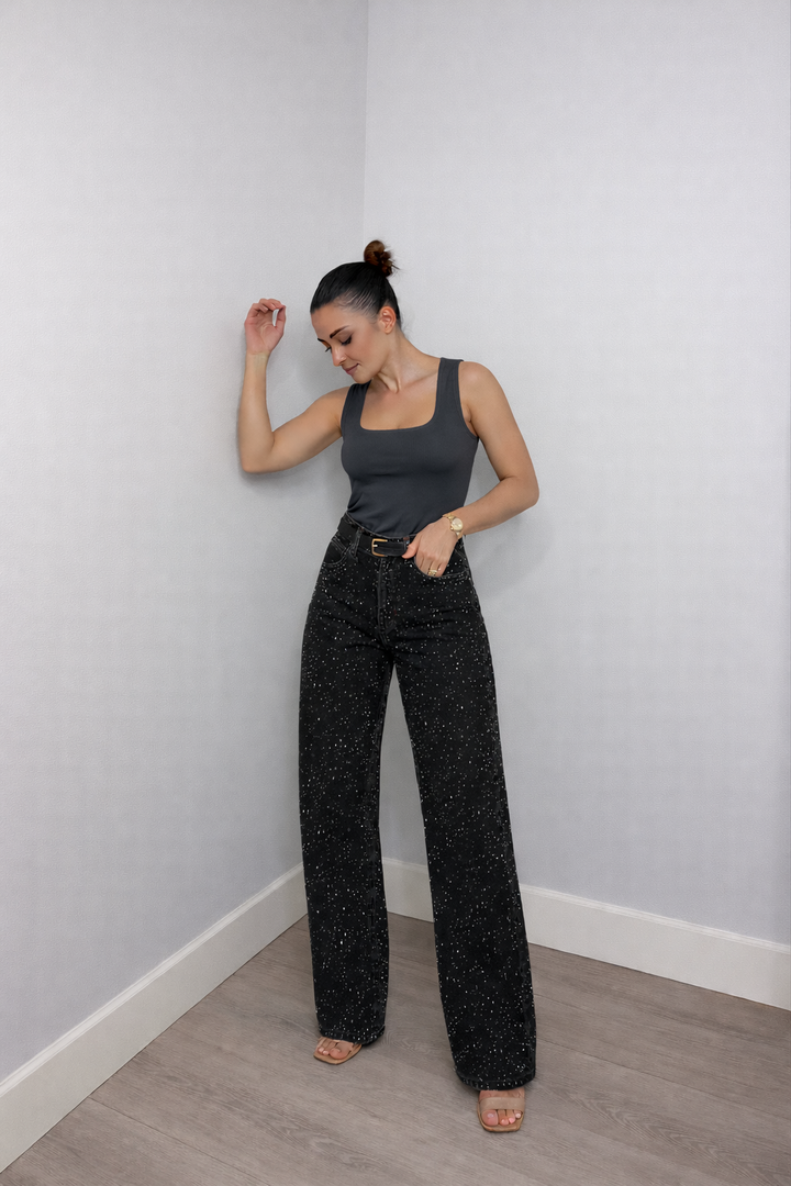 Jean Femme Taille Haute Coupe Droite – Extensible Détail Pailleté Structure