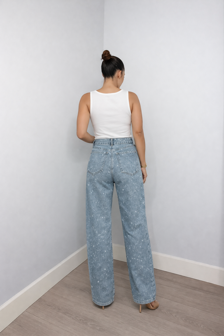 Jean Femme Taille Haute Coupe Droite – Extensible Détail Pailleté Structure