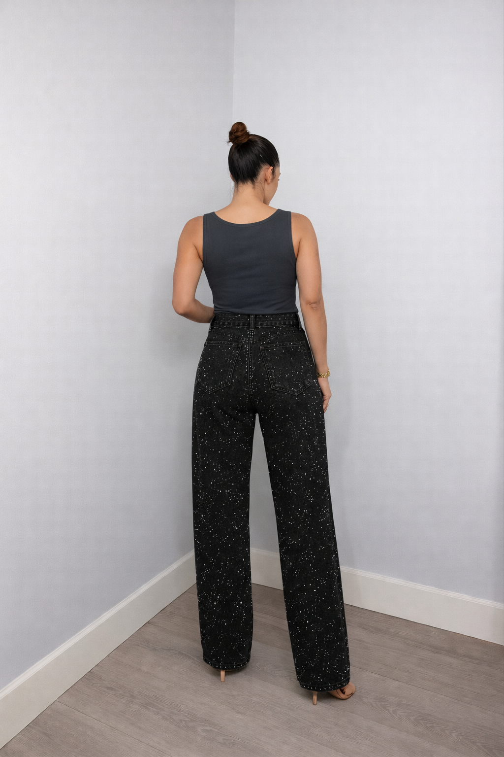 Jean Femme Taille Haute Coupe Droite – Extensible Détail Pailleté Structure